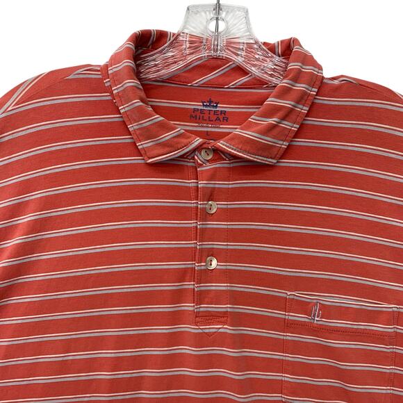 Peter Millar Mens Large Orange Blue White Striped Short Sleeve Polo Shirt Golf - Picture 1 of 8